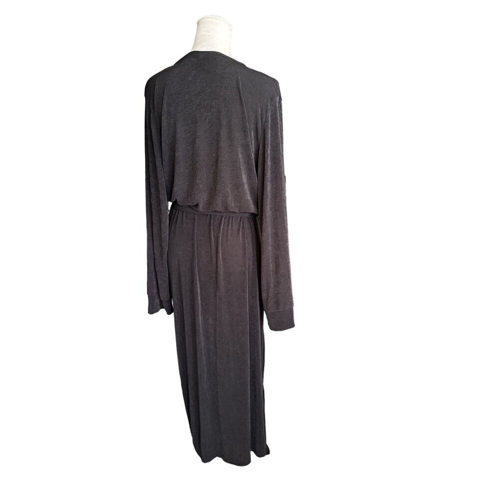 Ashley Sport Black Stretchy Belted Waist Long Sleeve Evening Dress V Neck Ruched - Picture 3 of 12